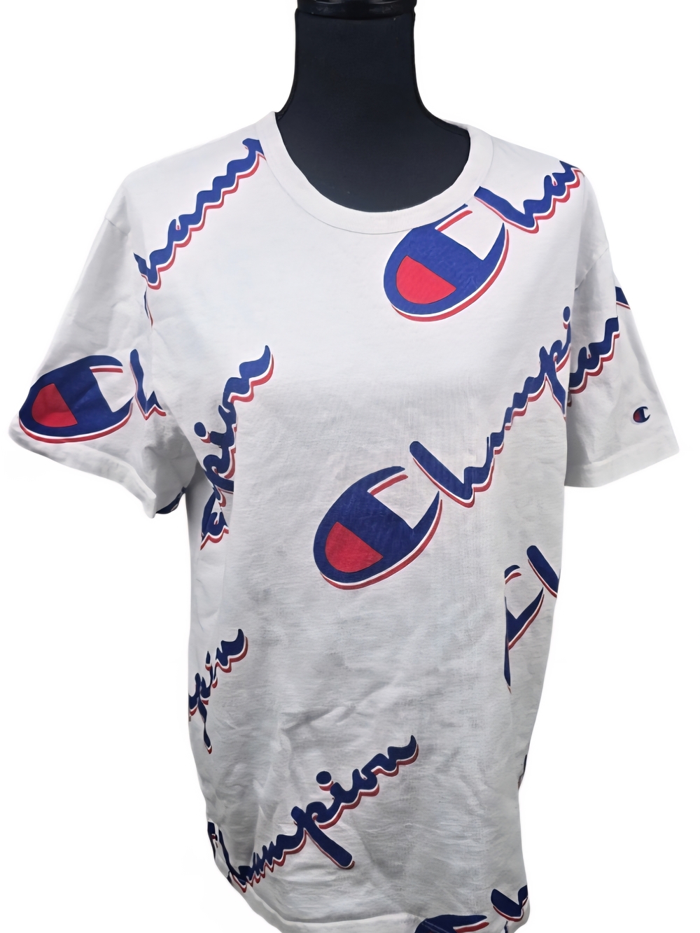 Champion All-Over Logo Graphic Tee - White with Blue & Red Accents